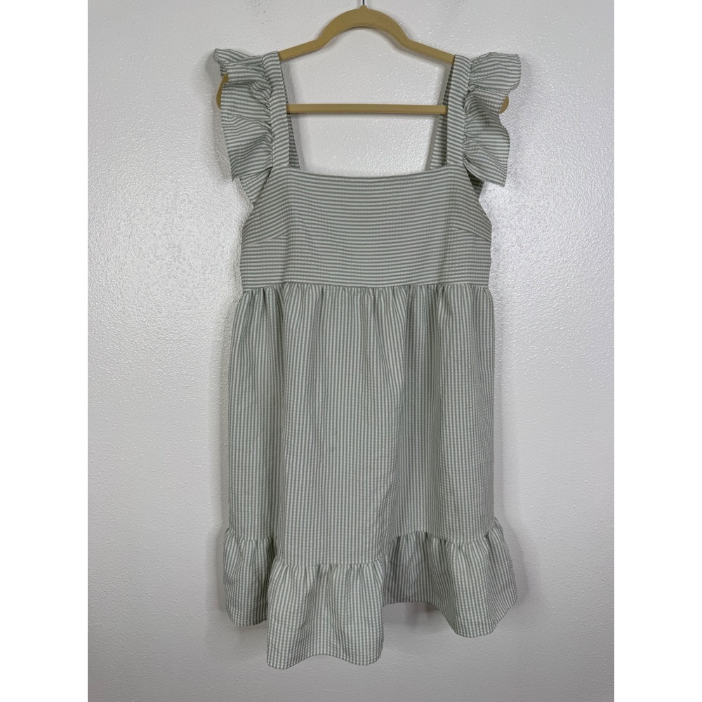 Ces Femme Green White Striped Seersucker Ruffle Babydoll Mini Dress Large